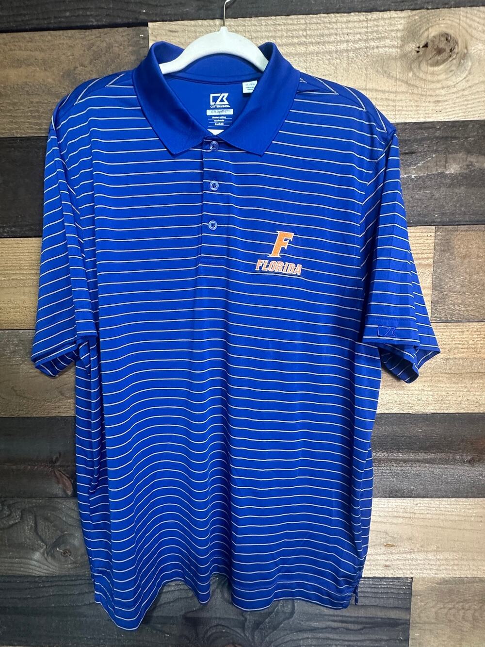 CUTTER & BUCK Men’s University of Florida Blue Striped CB Tek Polo Size XL EUC